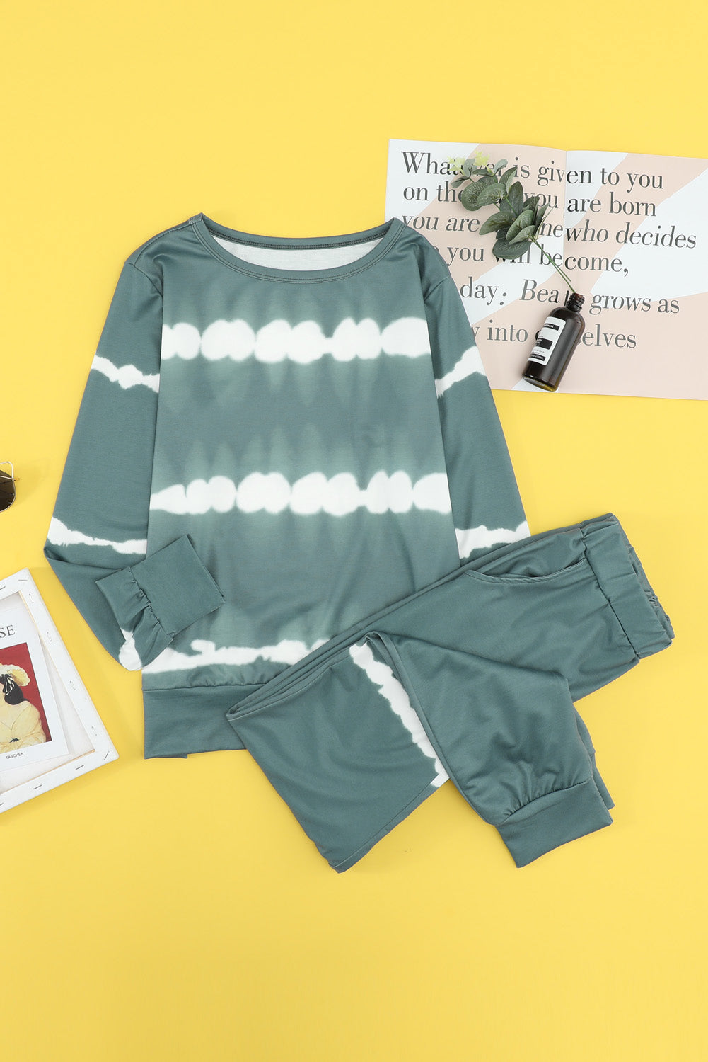 Army Green Tie-dye Stripes Pullover Top and Pants Lounge Set