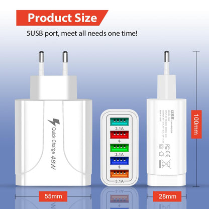 Fuchsia Electra 2-pack 5-port wall charger for mobile devices and laptops, charging 5 devices simultaneously with multiple USB ports.