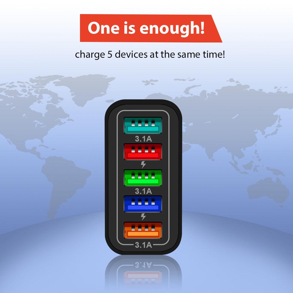Fuchsia Electra 2-pack 5-port wall charger for mobile and laptop devices, with multiple USB ports for charging five devices simultaneously.