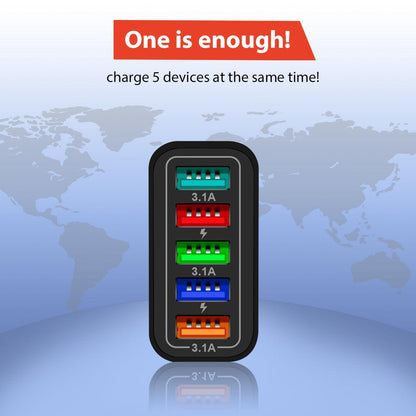 Fuchsia Electra 5-port wall charger for mobile and laptop devices, with 5 USB ports for charging multiple gadgets simultaneously.