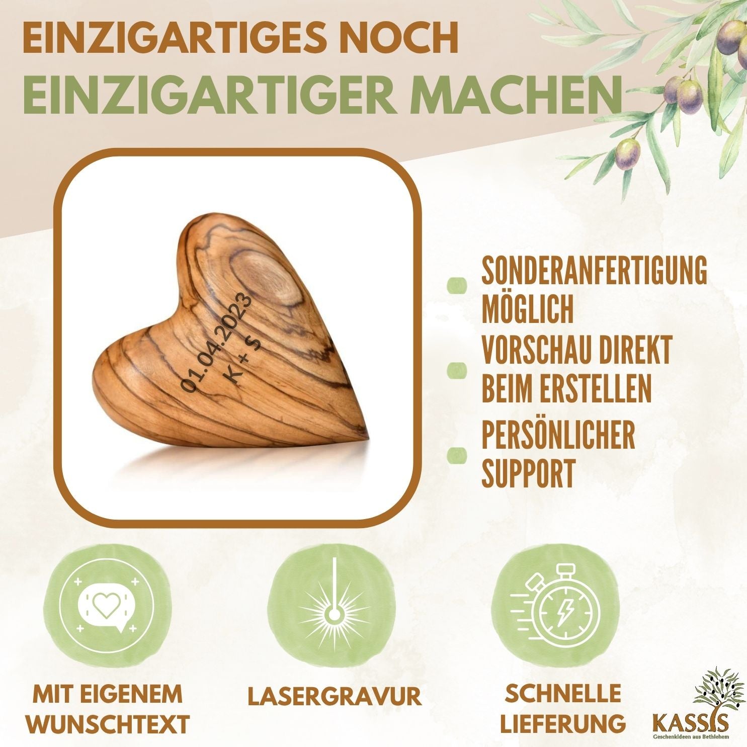Personalisiertes Olivenholz Herz mit Gravur | Handschmeichler als