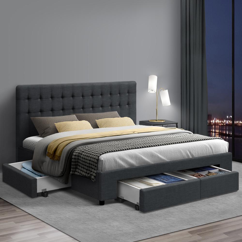 Ozdingo Artiss King Size bed frame with charcoal finish, featuring four built-in drawers for bedroom storage.