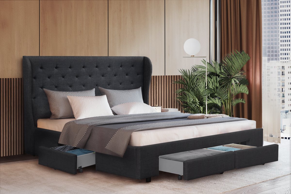 Artiss Bed Frame King Size with 4 Drawers Charcoal MILA
