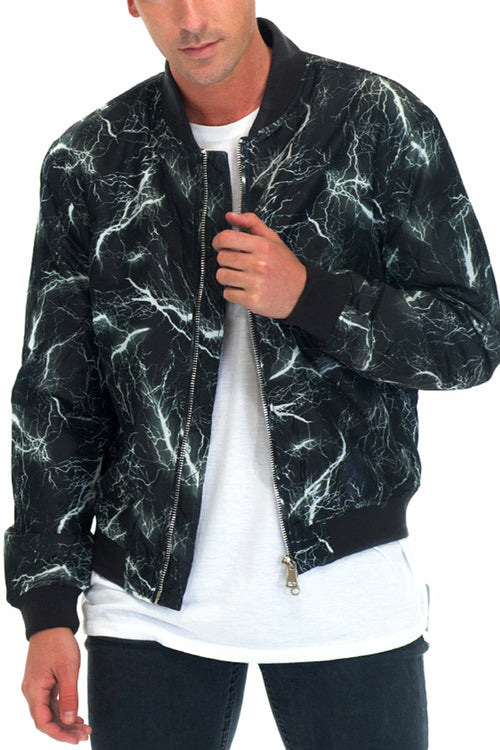 Lime Milo Bolt Print Bomber jacket with bold black and white geometric pattern, ribbed cuffs and collar, stylish outerwear.
