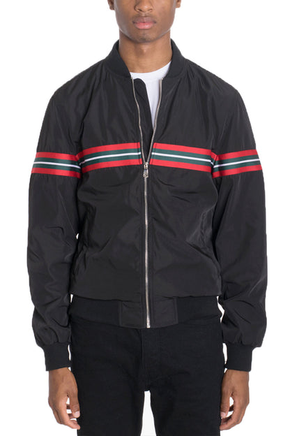 Lime Milo Dom Taped Bomber jacket in black with taped details, displayed on a hanger against a neutral background.