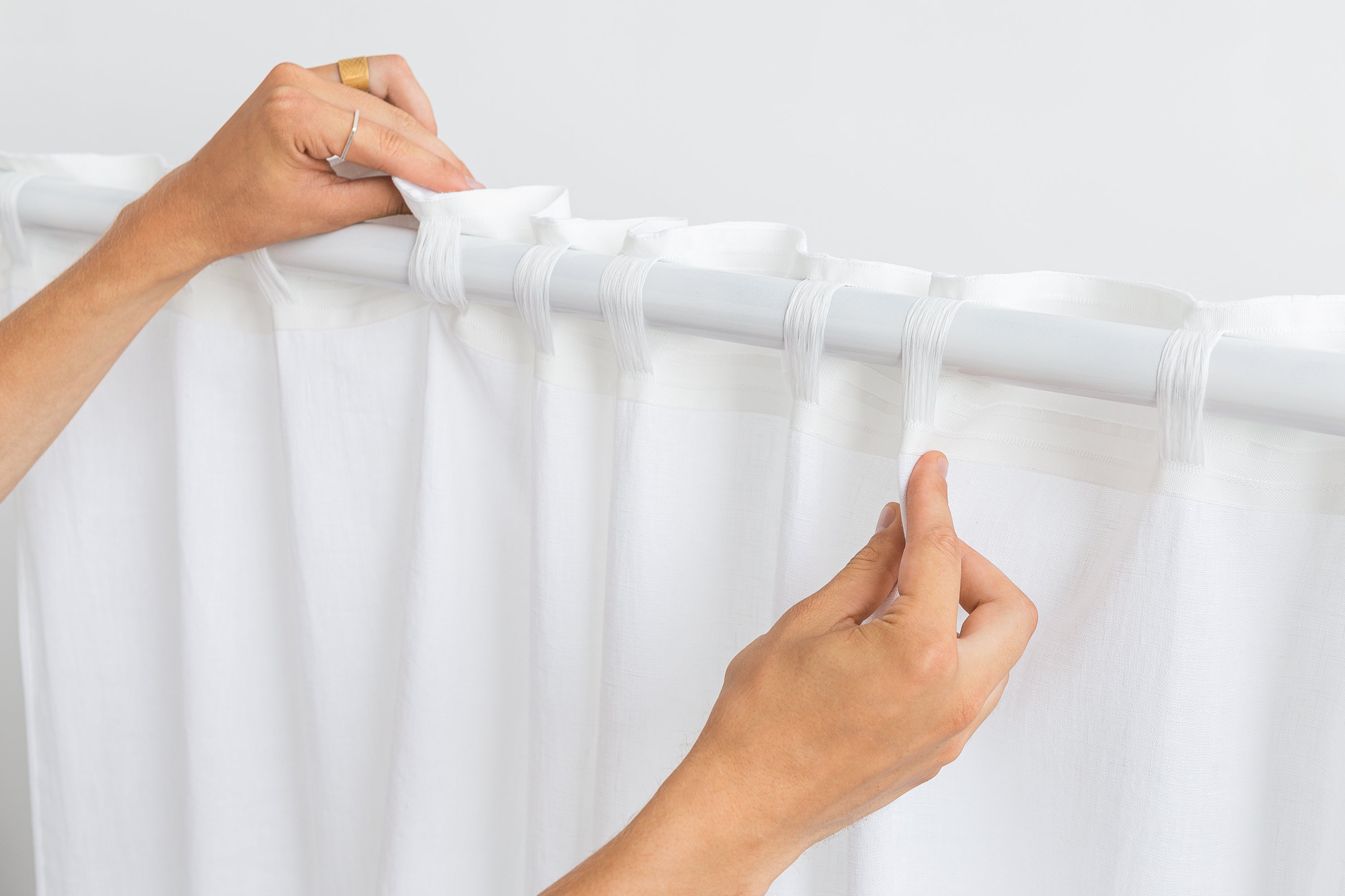 White and Pastel Plum linen curtains with tape, two tones