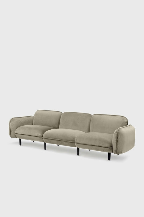Beige Aquamarine Poppy bean sofa with plush fabric and rounded shape, featuring soft cushions and modern furniture design.