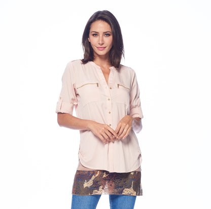 Melanter CamiLong camo crop top from the Tops &amp; Blouses collection, front view showing fitted design and camo pattern.
