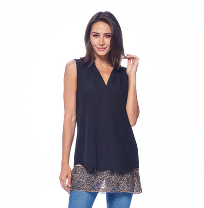 Melanter CamiLong leopard print cropped blouse, front view showing sleeveless design and stylish layered look.