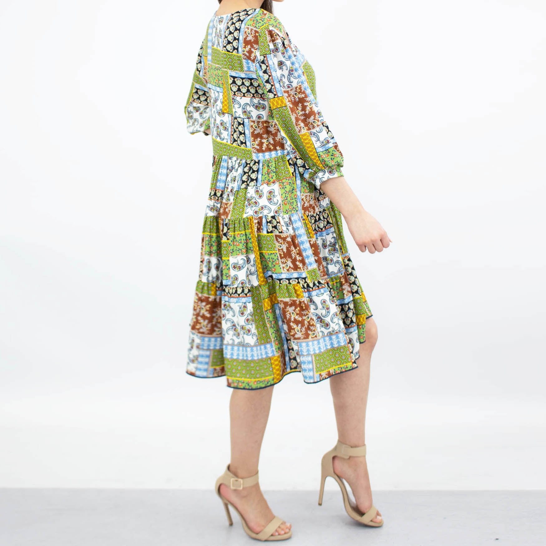 Flare Bottom 3/4 Sleeve Dress - Green