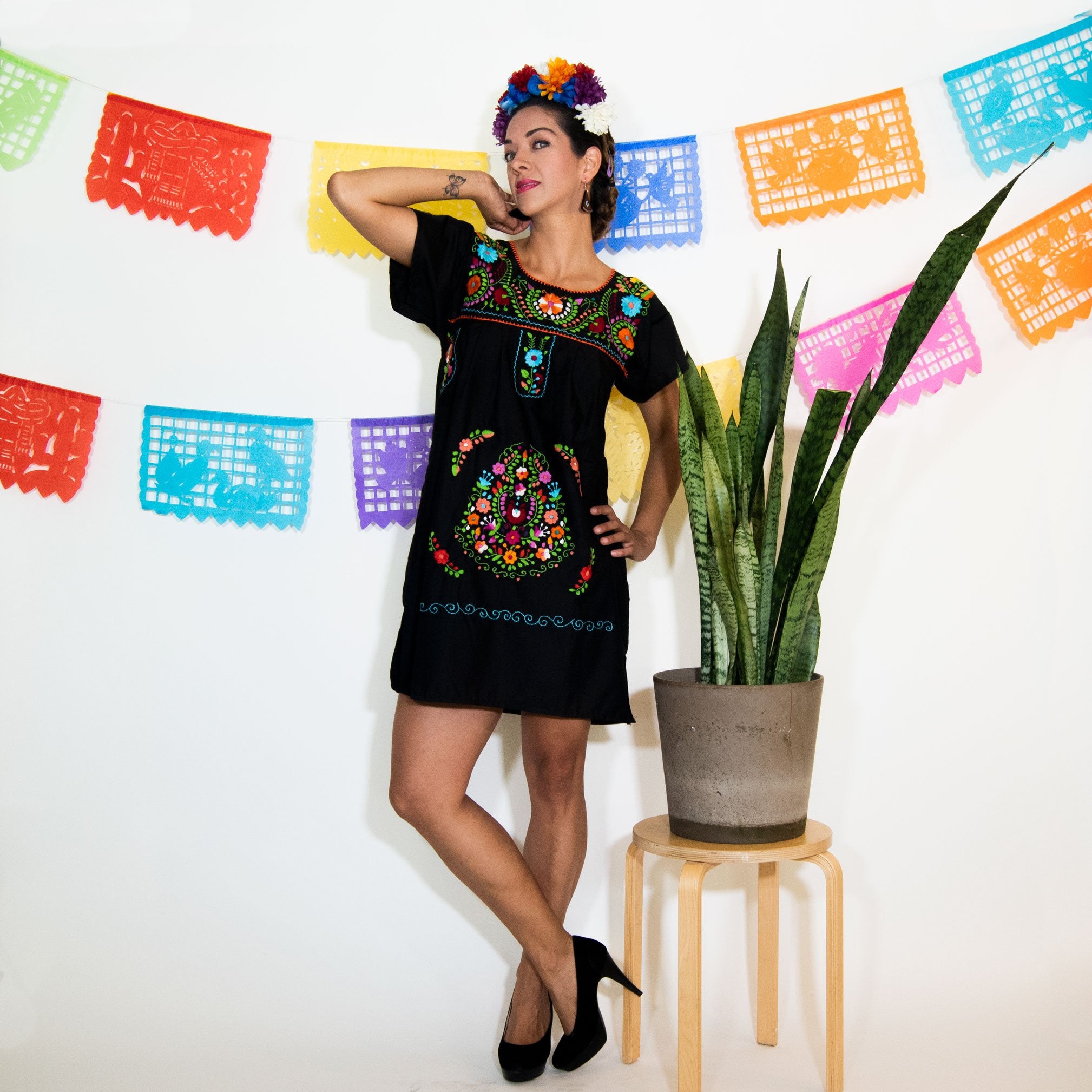 Black Mexican Dress with Multicolored Flowers.