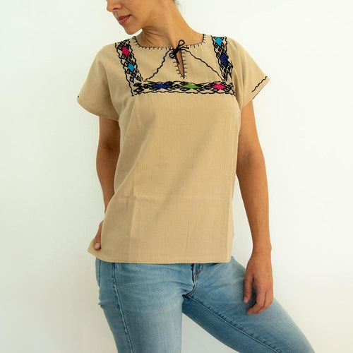 Beige Blouse with Hand Stitched on Chest
