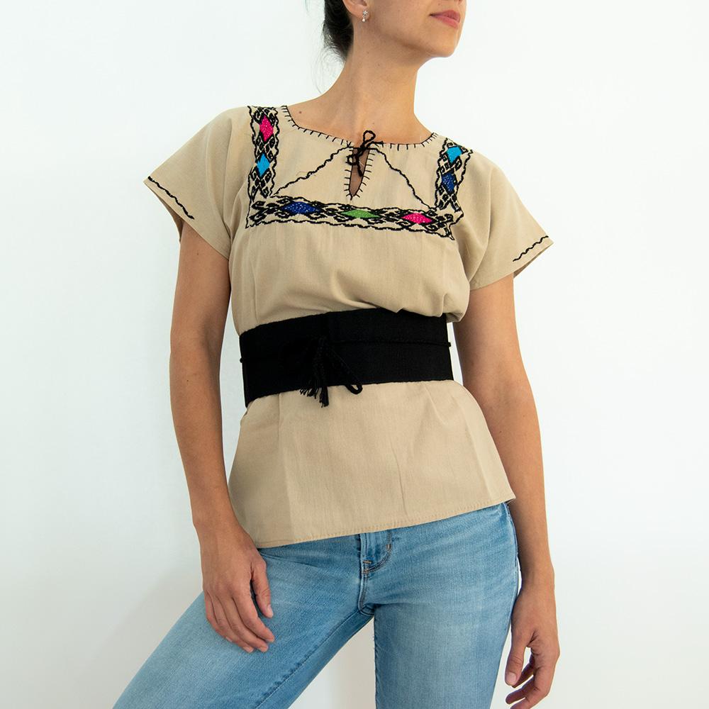 Beige Blouse with Hand Stitched on Chest