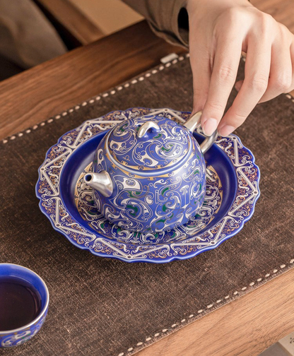 999 Silver Filigree Porcelain Teapot &amp; Saucer Gift Set — Imperial Blue