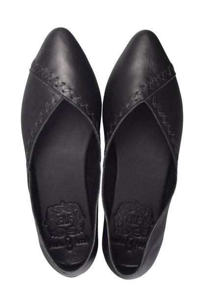 Black Gold Ares Elle pointed toe leather flats for women, showcasing sleek design and smooth leather material.