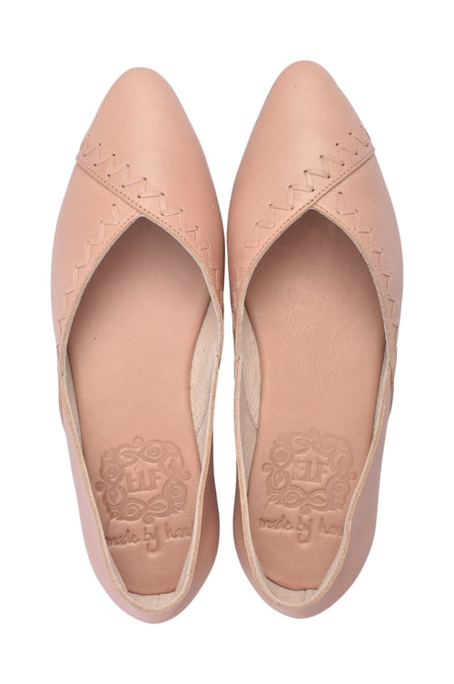 Gold Ares Elle pointed toe leather flats for women in vintage beige, featuring a sleek, elegant design and comfortable fit.