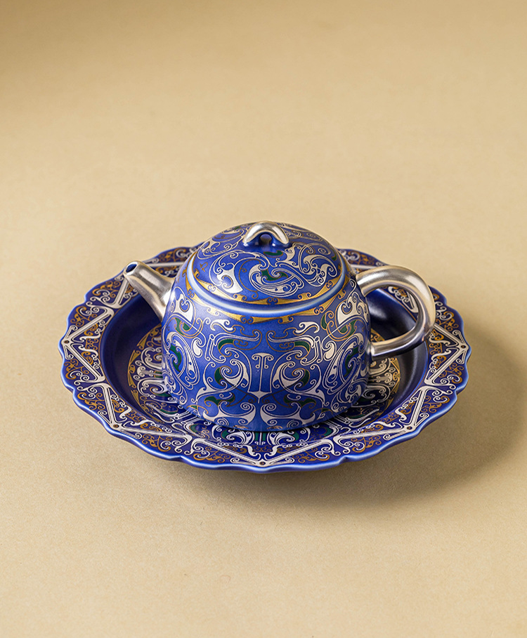 999 Silver Filigree Porcelain Teapot &amp; Saucer Gift Set — Imperial Blue