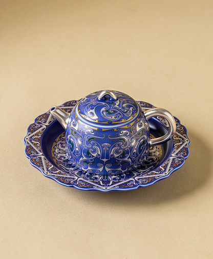 999 Silver Filigree Porcelain Teapot &amp; Saucer Gift Set — Imperial Blue