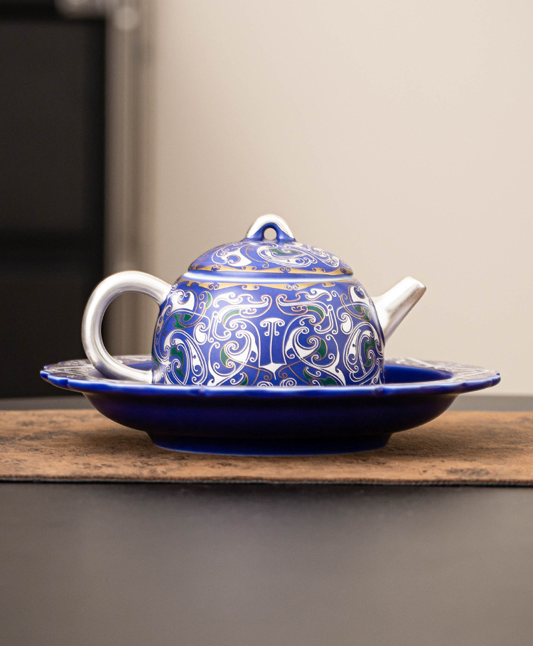999 Silver Filigree Porcelain Teapot &amp; Saucer Gift Set — Imperial Blue