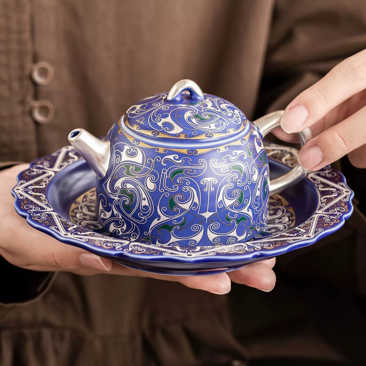 999 Silver Filigree Porcelain Teapot &amp; Saucer Gift Set — Imperial Blue