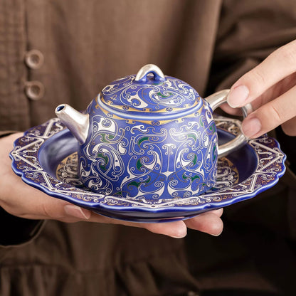 999 Silver Filigree Porcelain Teapot &amp; Saucer Gift Set — Imperial Blue