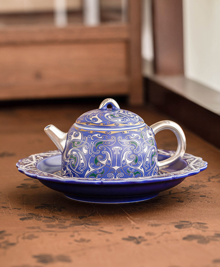 999 Silver Filigree Porcelain Teapot &amp; Saucer Gift Set — Imperial Blue