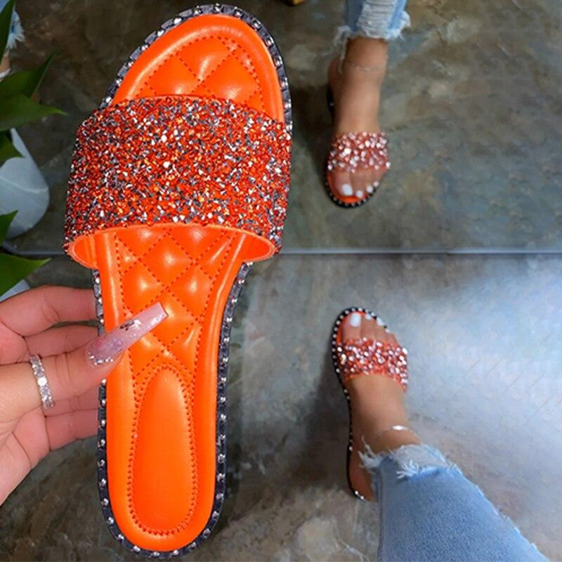 Crystal women’s slippers by Coffee Jasper featuring bling bling flats, open-toe beach shoes perfect for summer.