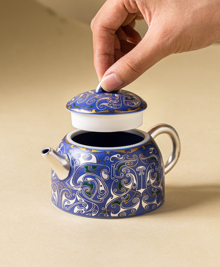 999 Silver Filigree Porcelain Teapot &amp; Saucer Gift Set — Imperial Blue