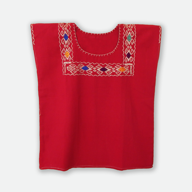 Red Blouse Huipil with Colorful Hand Stitched on