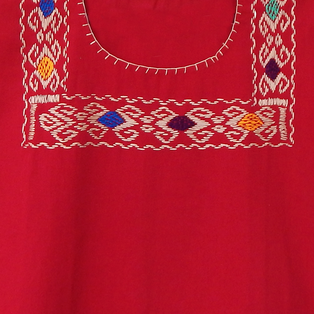 Red Blouse Huipil with Colorful Hand Stitched on