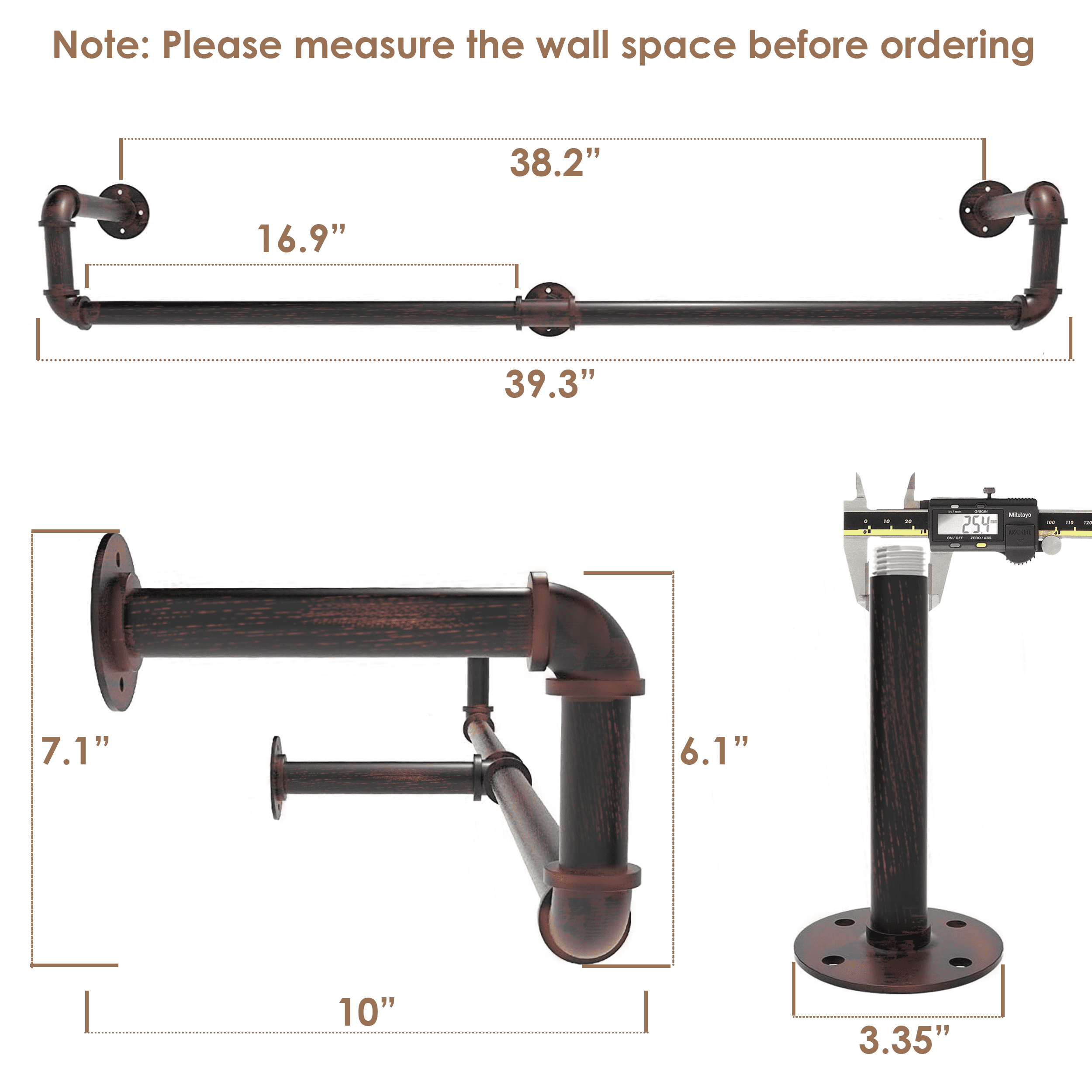 (39in - Black Brush Red Coper) Industrial Pipe Clothing Rack, Wall
