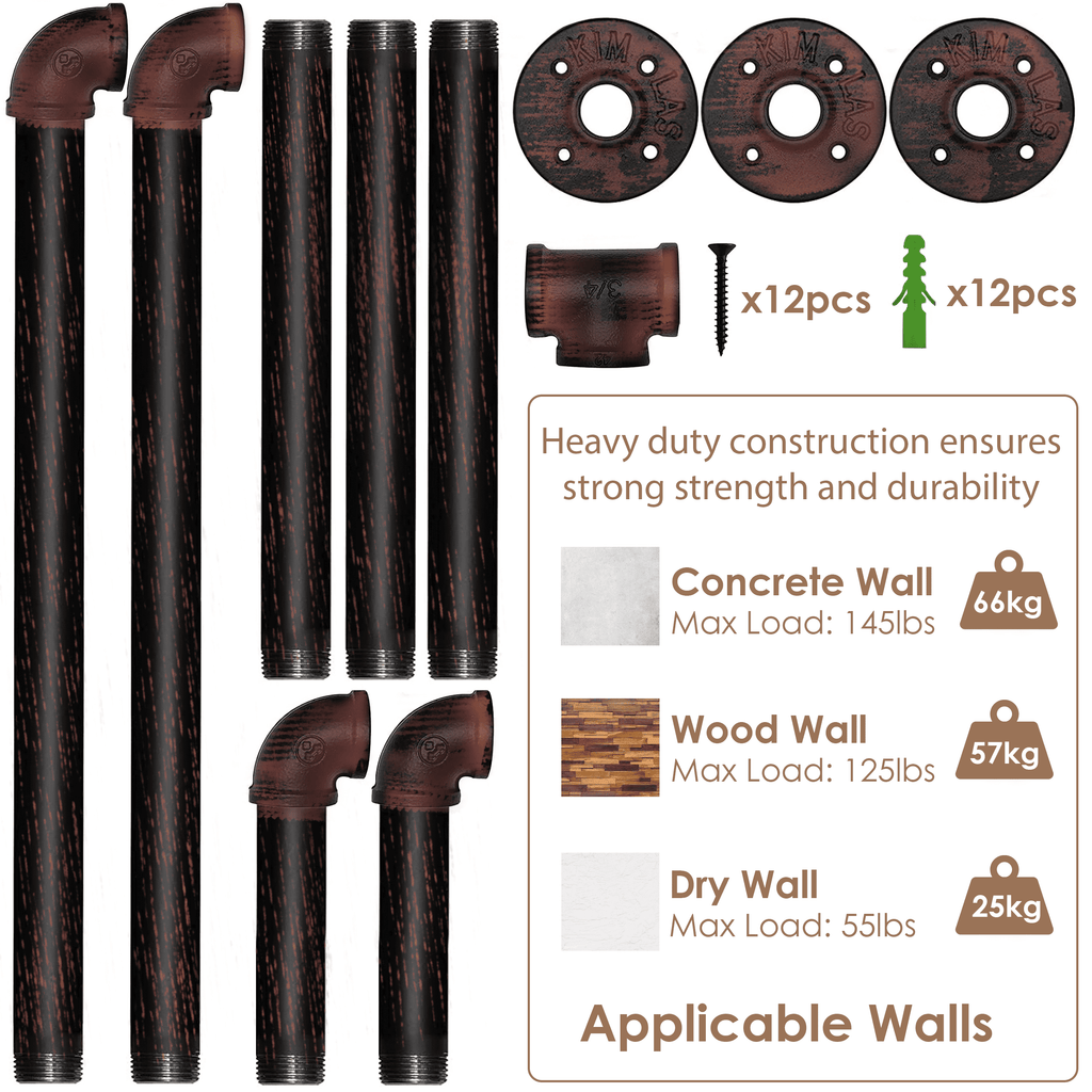 (39in - Black Brush Red Coper) Industrial Pipe Clothing Rack, Wall