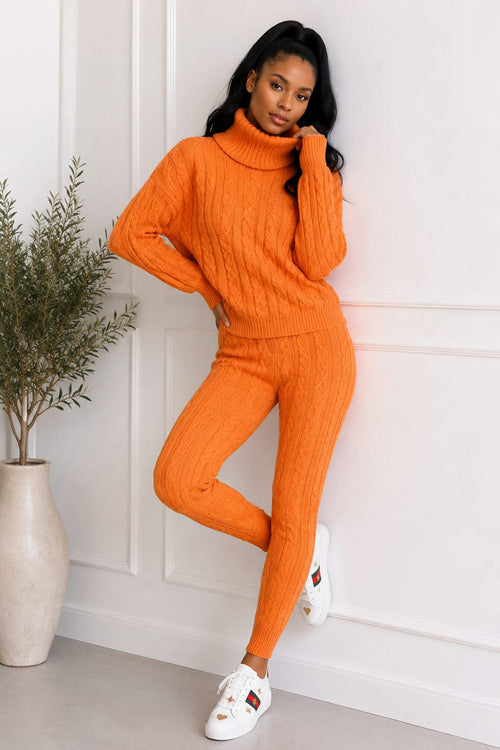 Ladies Chunky Knitted Ribbed Polo High Neck Top Leggings Loungewear