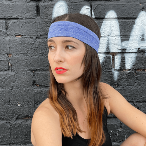 Black Lavender cardio cross-training headband showing a blue fabric headband with a black logo and moisture-wicking material.
