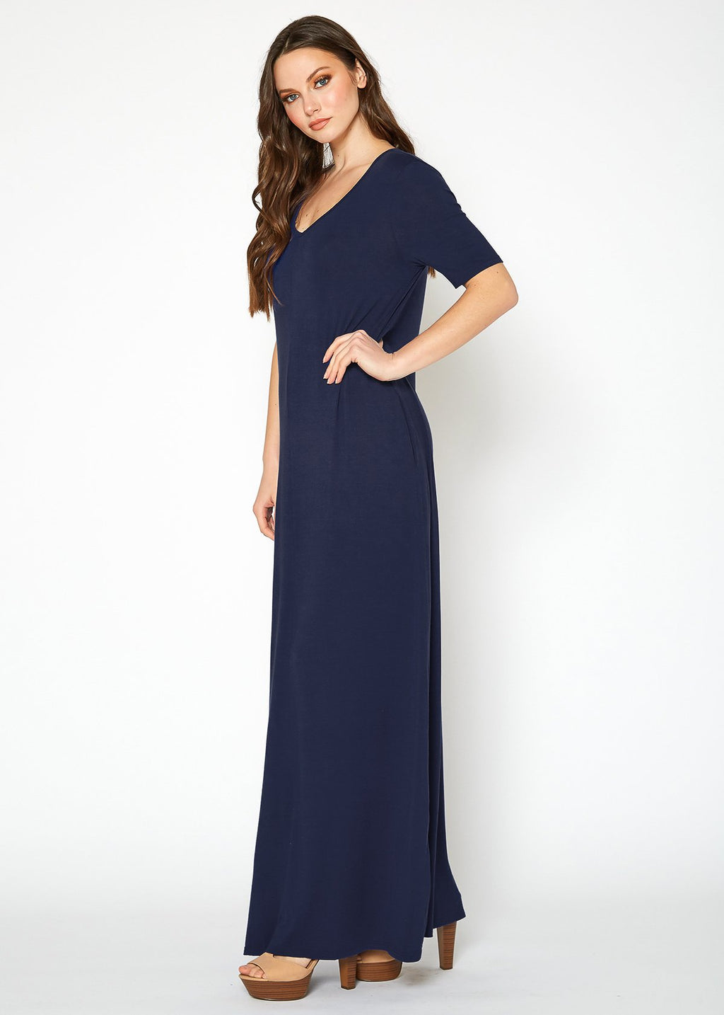 V-neck Short Sleeve Maxi Dress With Pockets