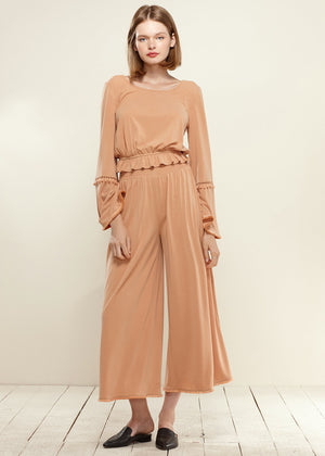 Smocked Waist Wide Leg Palazzo Pants in Apricot