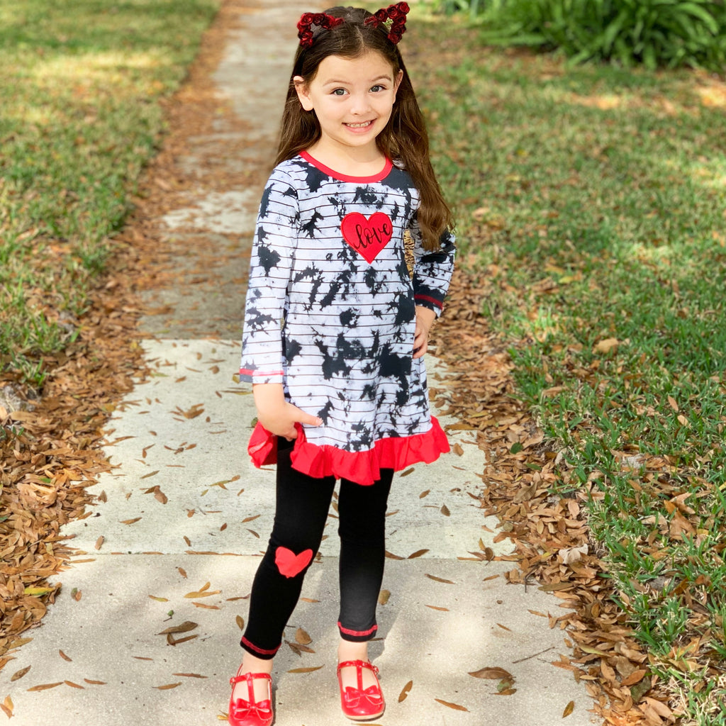 AnnLoren Girls Valentine's Day Heart Tie Dye Outfit Dress and Black