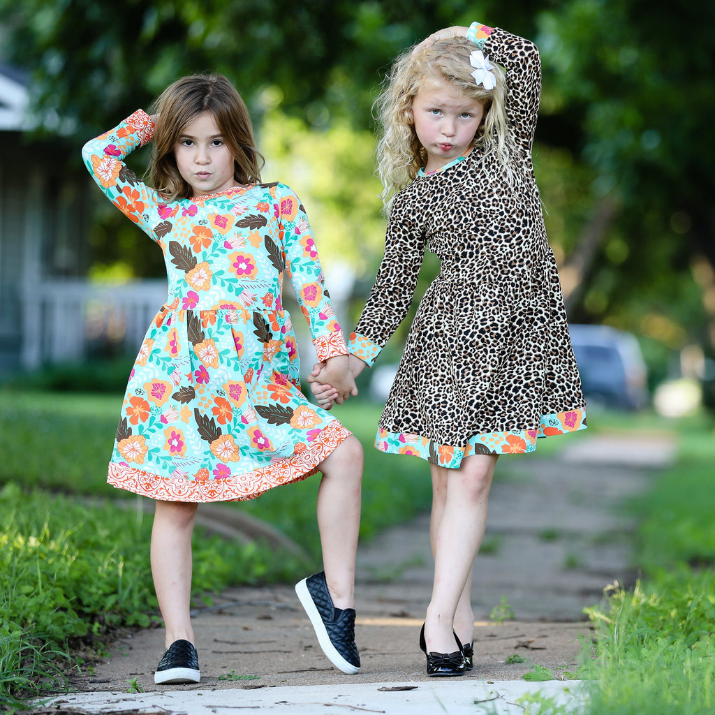 AnnLoren Big Girls Long Sleeve Leopard Fall Floral Dress Boutique