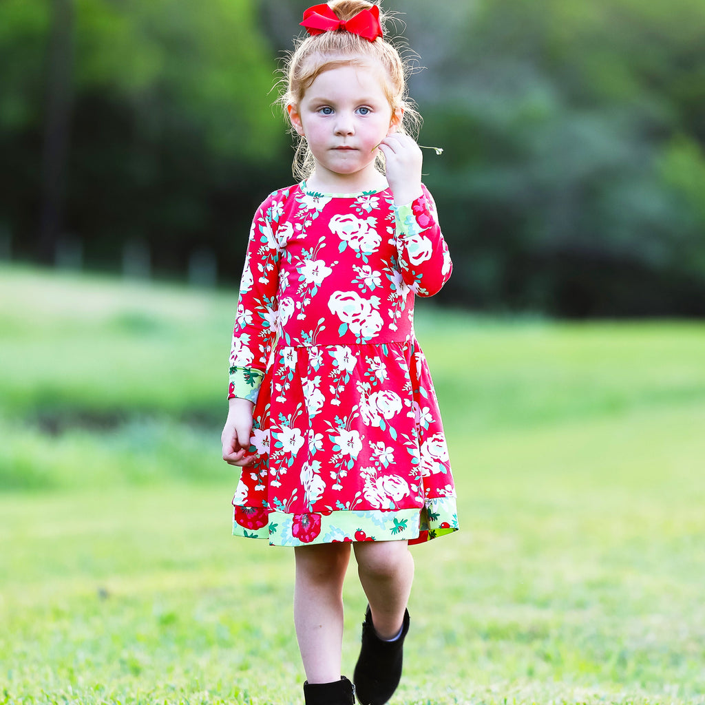 AnnLoren Girls Boutique Christmas Floral Long Sleeve Cotton Party