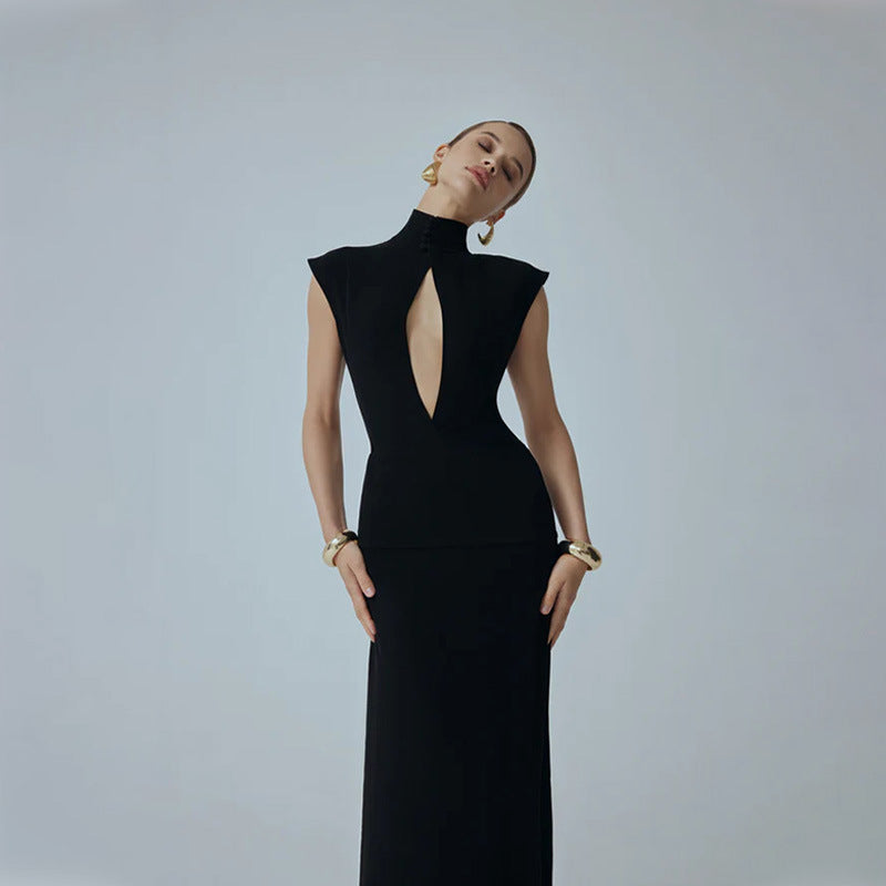 Women Clothing Black Fashionable Slim Fit Figure Flattering Stand