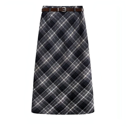High Waist Mid-length Woolen Plaid Skirt For Women
