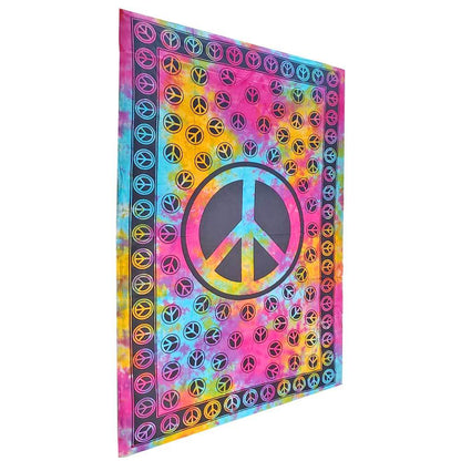 Pink tie dye peace sign tapestry wall hanging coverlet by Silver Hestia, vibrant boho jewelry and wall decor piece.