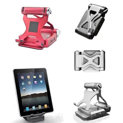 Salmon Lucky podium-style folding gadget stand with built-in power bank, compatible with iPad and iPhone, shown holding a device.