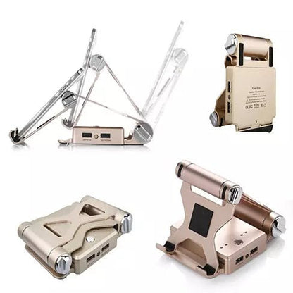 Salmon Lucky podium style folding gadget stand with extended built-in power bank for iPad and iPhone, showcasing its sleek design.