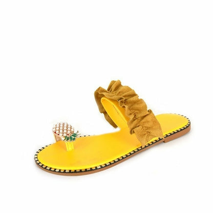 Coffee Jasper pineapple pearl beach slides for women, flat toe casual sandals with pineapple and pearl embellishments.