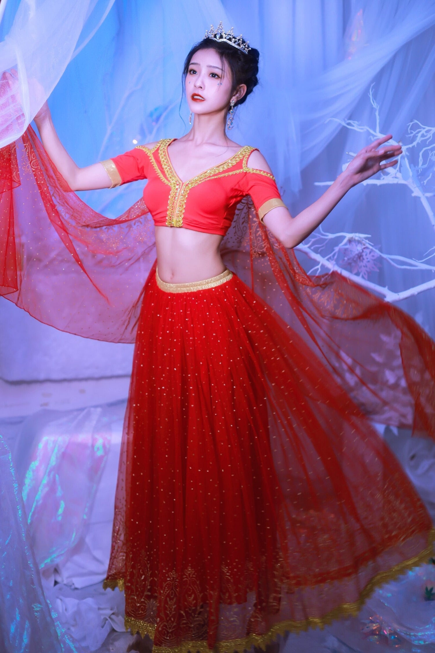 White Eucalyptus Elsa Princess costume for pets, red belly dance outfit with ornate details, suitable for cosplay or parties.