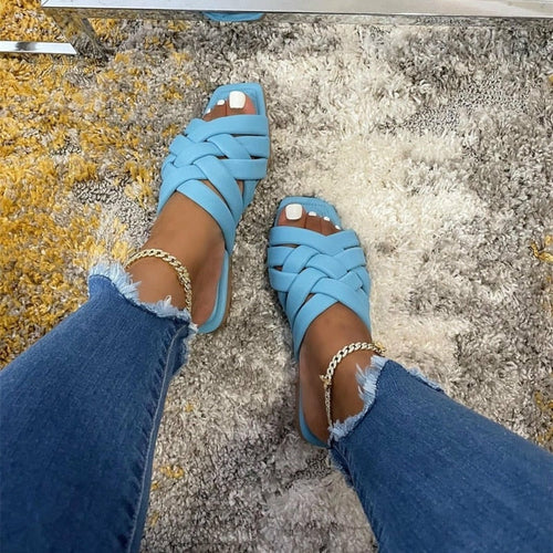 Red Iphigenia summer casual outdoor leather slippers for women in blue, pink, and beige, featuring a flat design and comfortable fit.