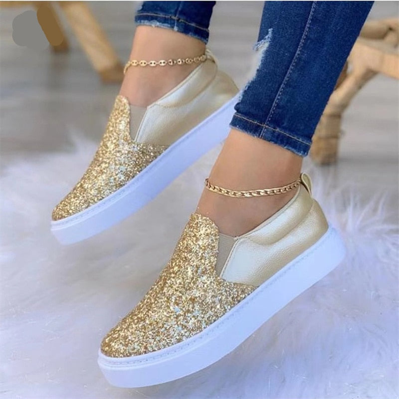Black and rose gold glitter flats by Coffee Jasper featuring stylish loafer moccasin design and comfortable slip-on fit.