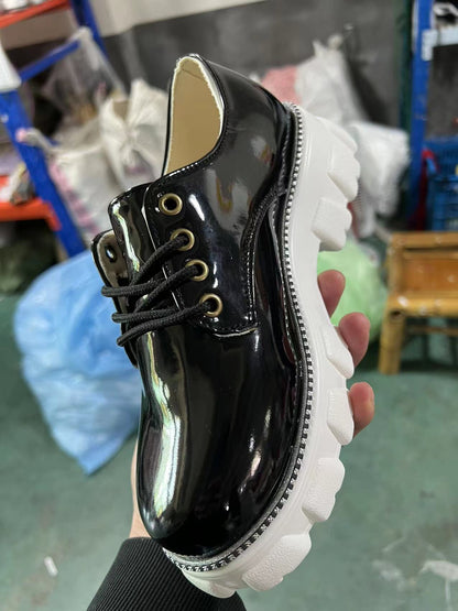 Black, red, and pink thick heel flat platform oxford shoes for women by Coffee Jasper, featuring stylish sneaker-inspired design.