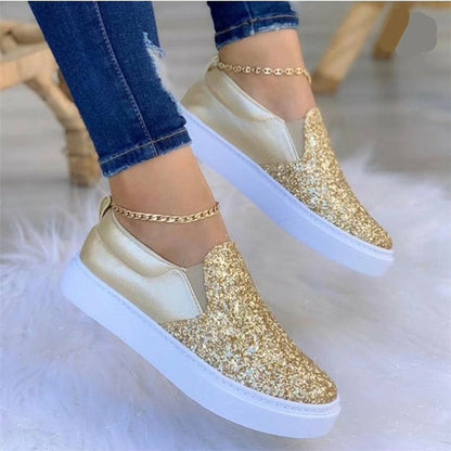 Black and rose gold glitter flats by Coffee Jasper featuring stylish loafer moccasin design for women.